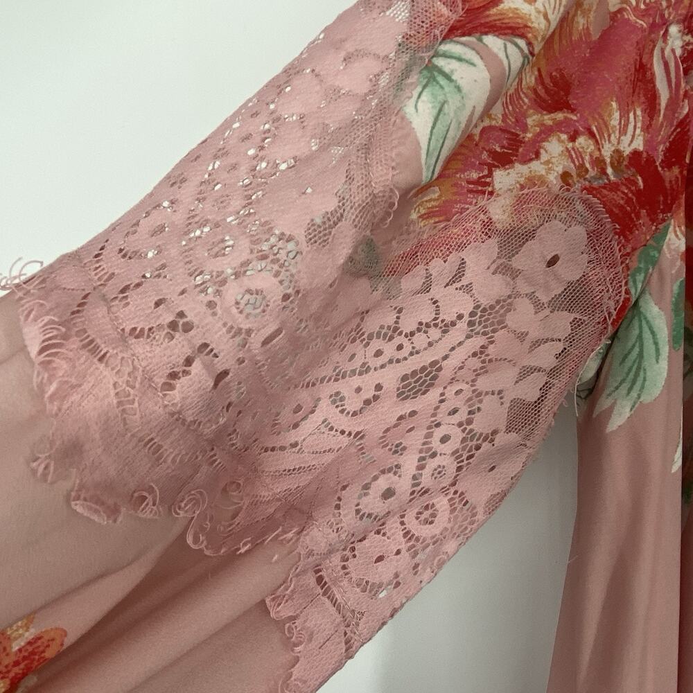 Champagne & Strawberry Maxi Dress Small Off Shoulder Pink Floral Chiffon Peasant - Picture 9 of 16
